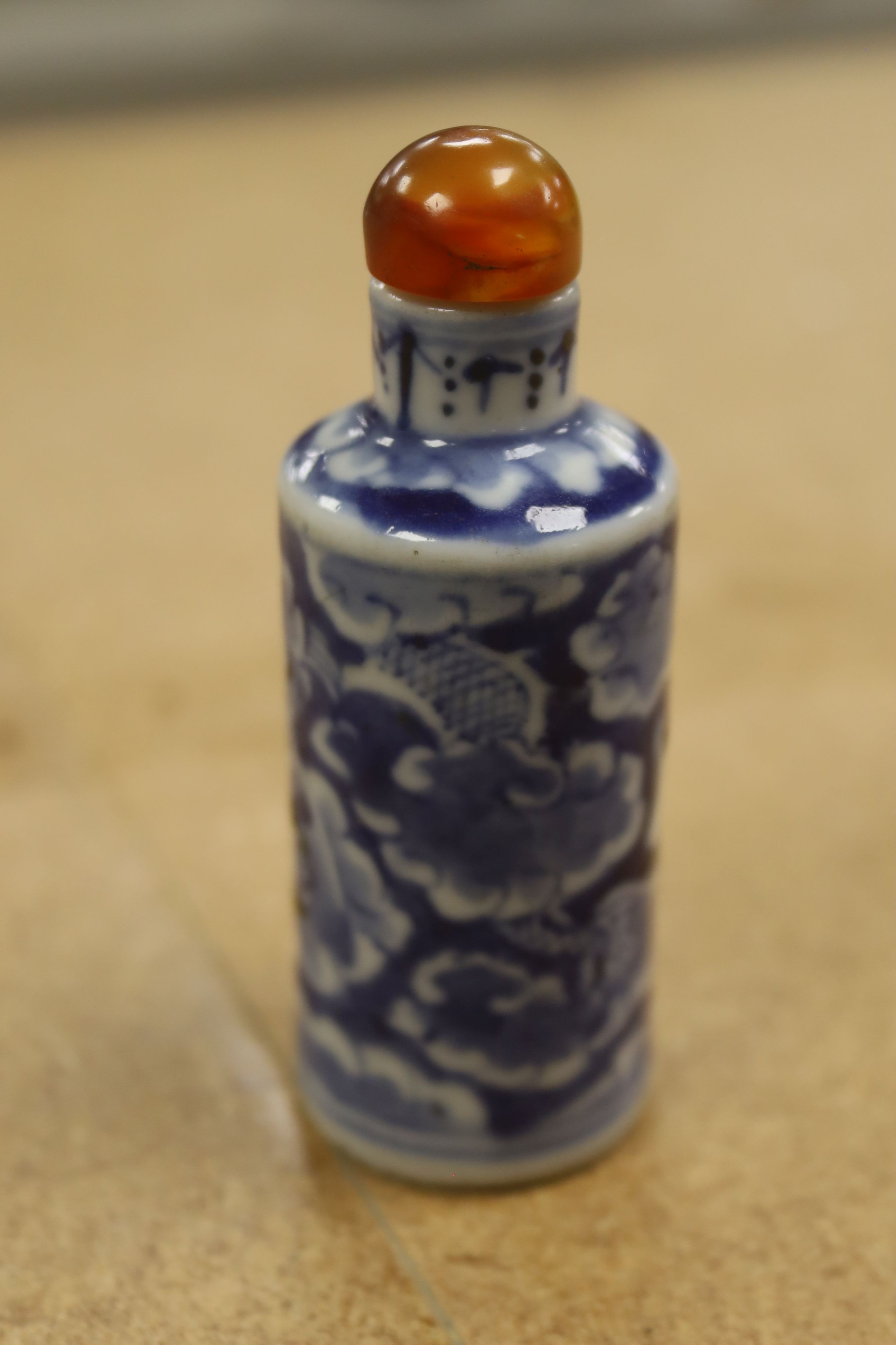 A Chinese blue and white snuff bottle, 9cm high including stopper